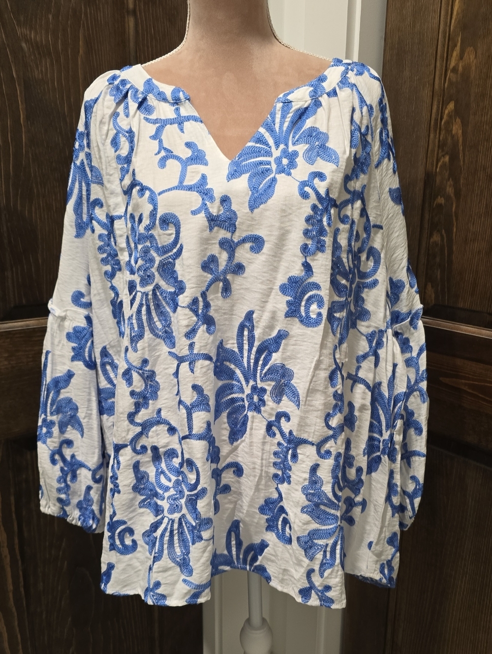 Ruby Rd. White Tunic with Blue Floral Embroidery